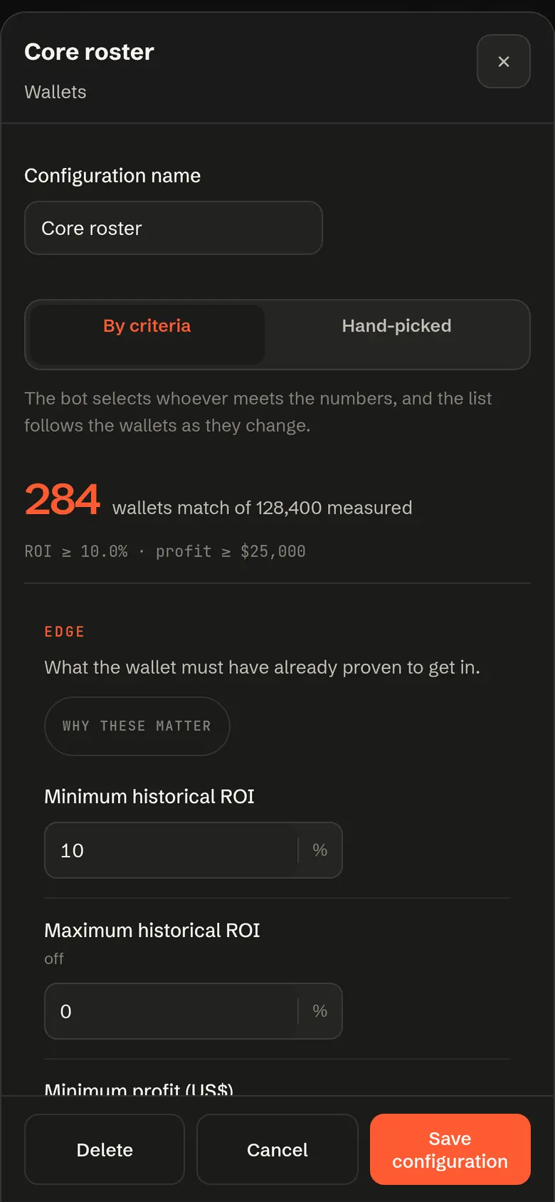 Wallet criteria screen: minimum historical ROI, minimum profit and the live count of matching wallets.