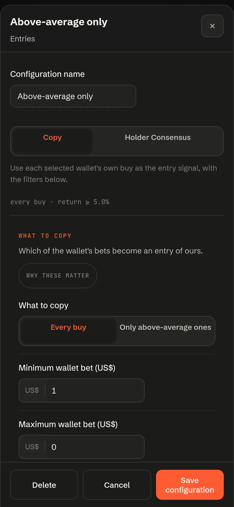 Entry rules screen: copy mode, what to copy, niche restriction and the accepted odds range.