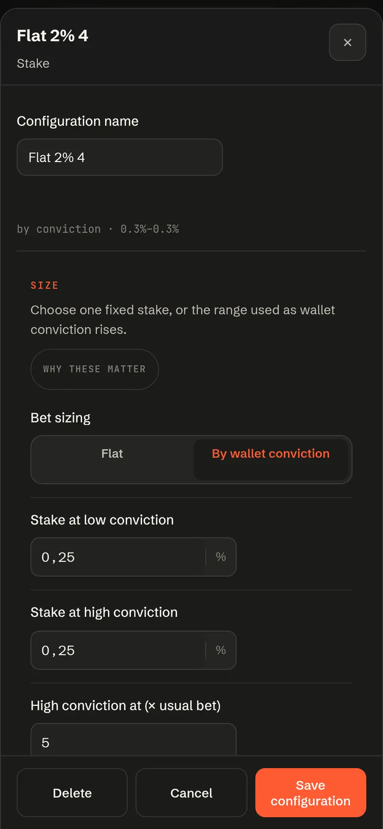 Stake screen: bet sizing by wallet conviction, with a stake floor, a ceiling and the conviction multiple.