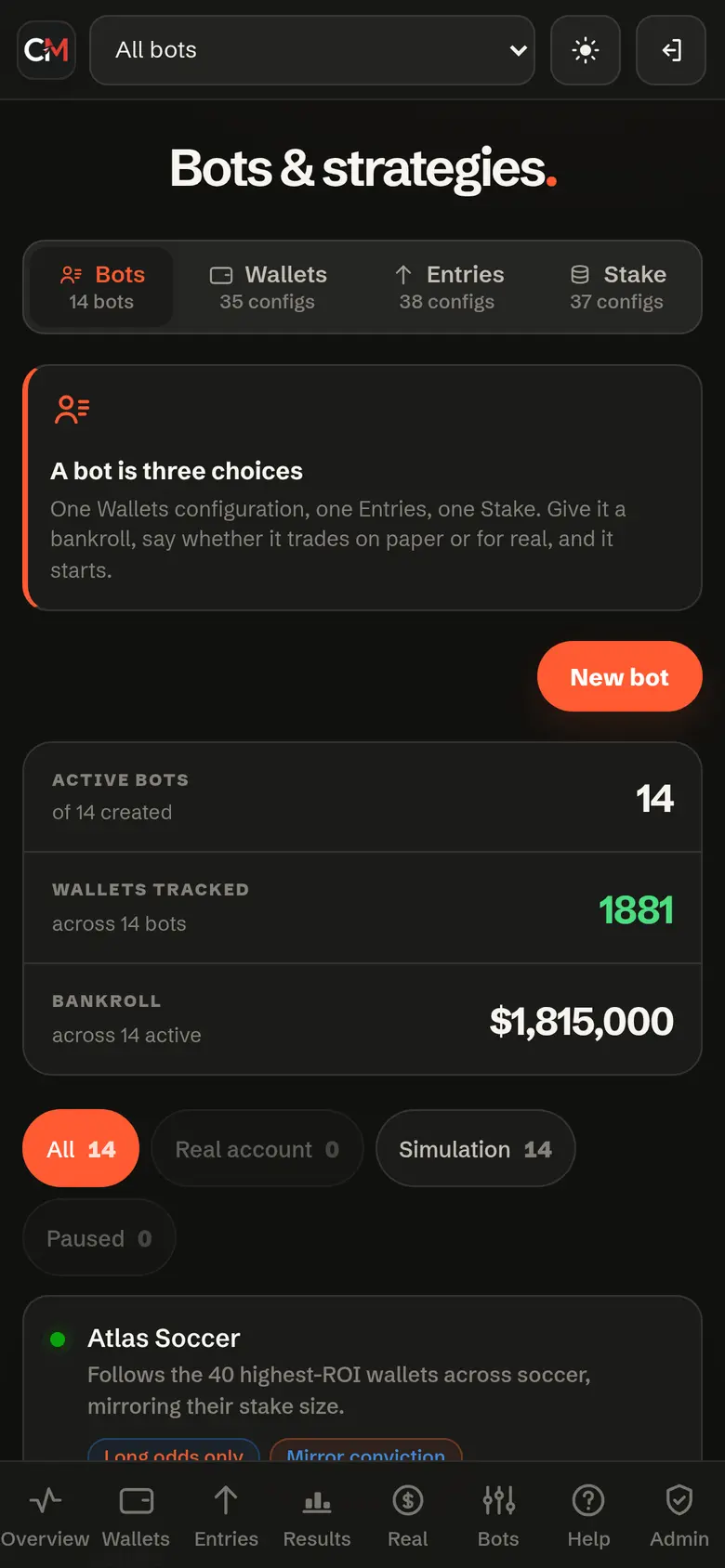Bots screen: active bots, wallets tracked, total bankroll and the real-account versus simulation filter.